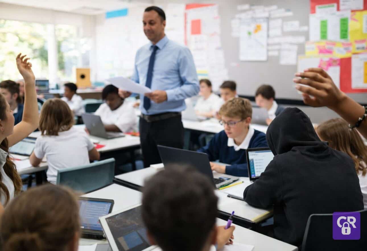 Teacher in classroom with students working on laptops.
