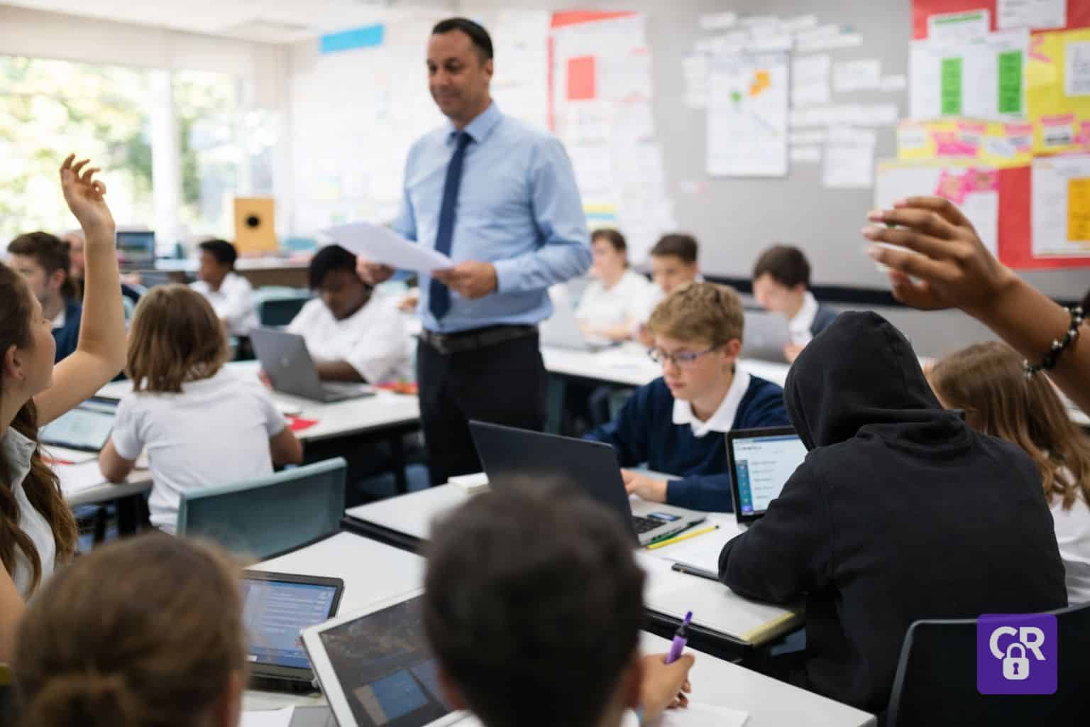 Teacher in classroom with students working on laptops.