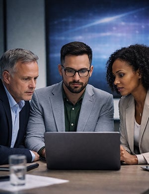 Business team collaborating on laptop, office setting.