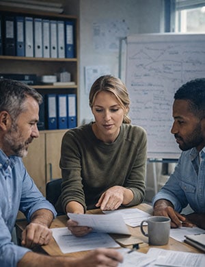 Three colleagues discussing documents in a meeting room.