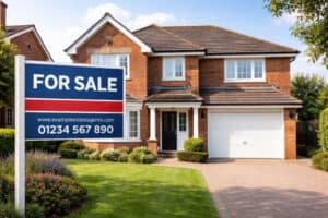Brick house with 'For Sale' sign
