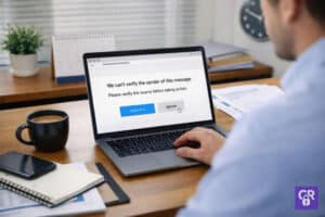 Person reviewing message alert on laptop