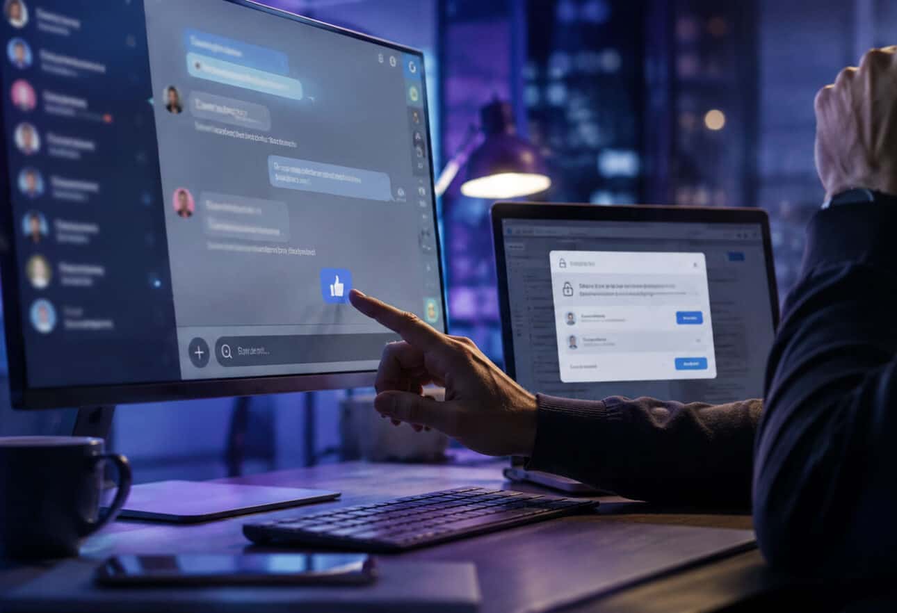 Person working on cybersecurity with multiple screens displaying chat and data.