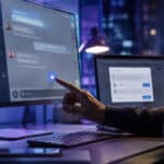 Person working on cybersecurity with multiple screens displaying chat and data.