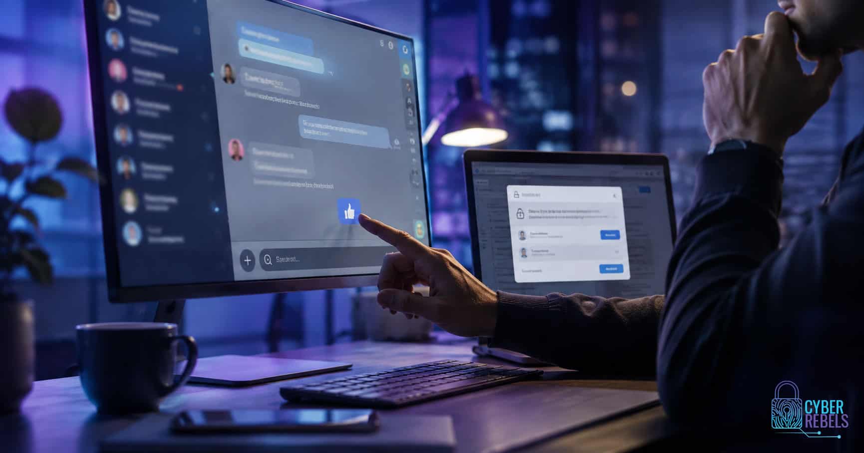 Person working on cybersecurity with multiple screens displaying chat and data.