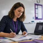 School staff member working at a desk with a laptop and paperwork.