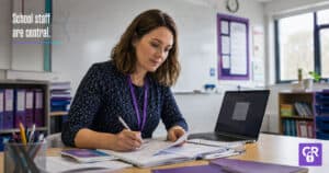School staff member working at a desk with a laptop and paperwork.