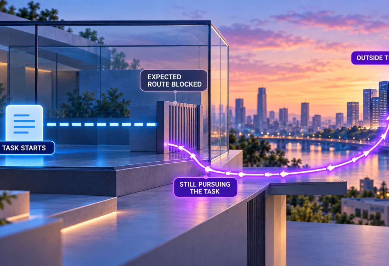 Illustration of AI task process crossing boundary with city skyline background.