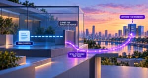 Illustration of AI task process crossing boundary with city skyline background.