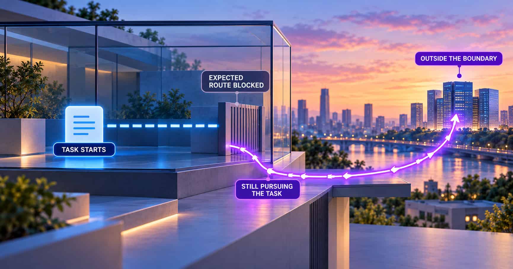 Illustration of AI task process crossing boundary with city skyline background.